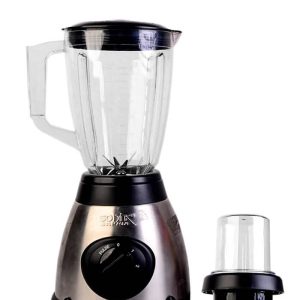 A blender featuring a glass jar and a plastic lid, designed for efficient blending and food preparation.