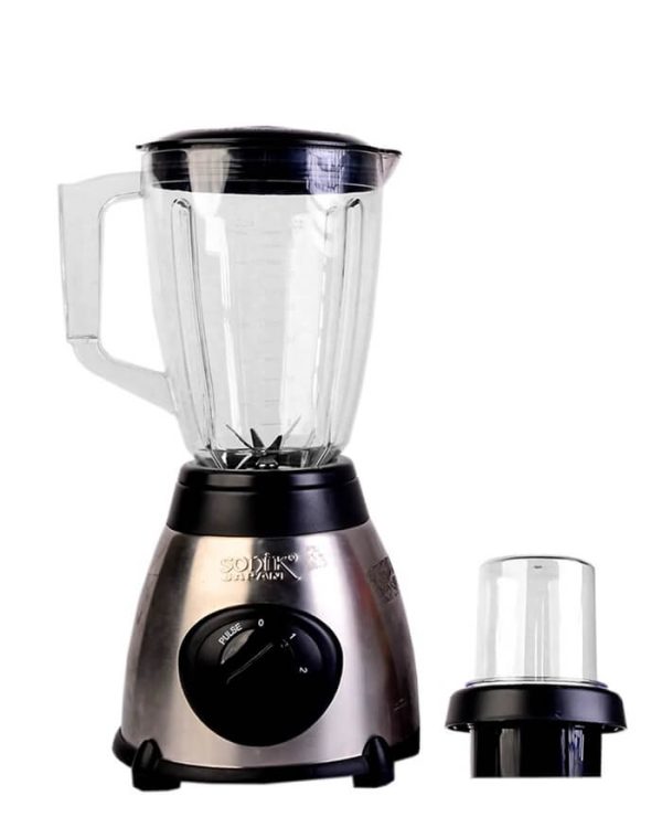 A blender featuring a glass jar and a plastic lid, designed for efficient blending and food preparation.