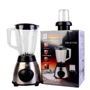 A black blender with its box, emphasizing the product's design and packaging in a neat and visually appealing arrangement.