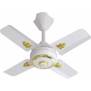 A white ceiling fan featuring elegant gold trim, adding a touch of sophistication to the room's decor.